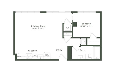 Floor plan for 1 bed, 1 bath, 704 sqft
